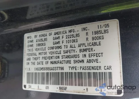 2006 Honda Accord 2.4 Ex from USA, damaged, VIN 1HGCM56886A037796